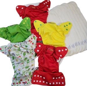 5 FUZZIBUNZ reusable cloth diapers red green yellow bugs 15 inserts gently used